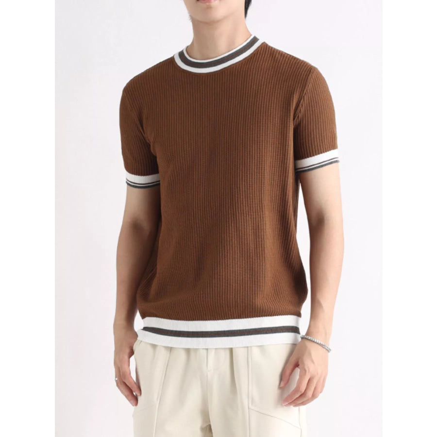 Men’s Plus Size Contrast Trim Shorts Sleeve T-Shirt Brown / M Apparel and Accessories