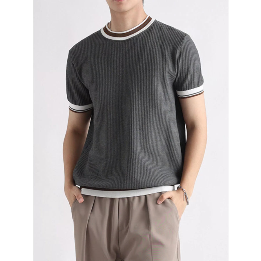 Men’s Plus Size Contrast Trim Shorts Sleeve T-Shirt Silver Gray / M Apparel and Accessories