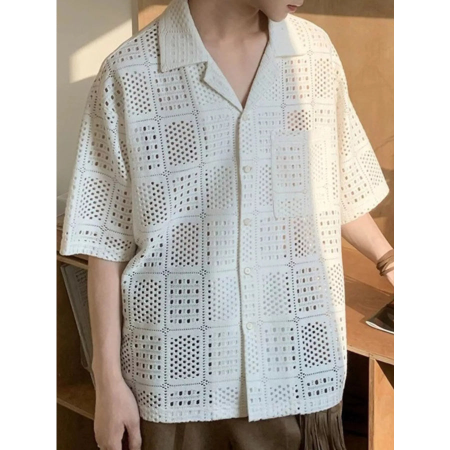 Men’s Plus Size Crocheted Square Pattern Short Sleeve Shirt Apparel and Accessories
