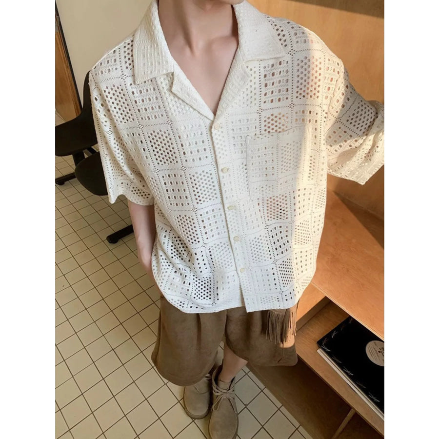 Men’s Plus Size Crocheted Square Pattern Short Sleeve Shirt Ivory / M Apparel and Accessories