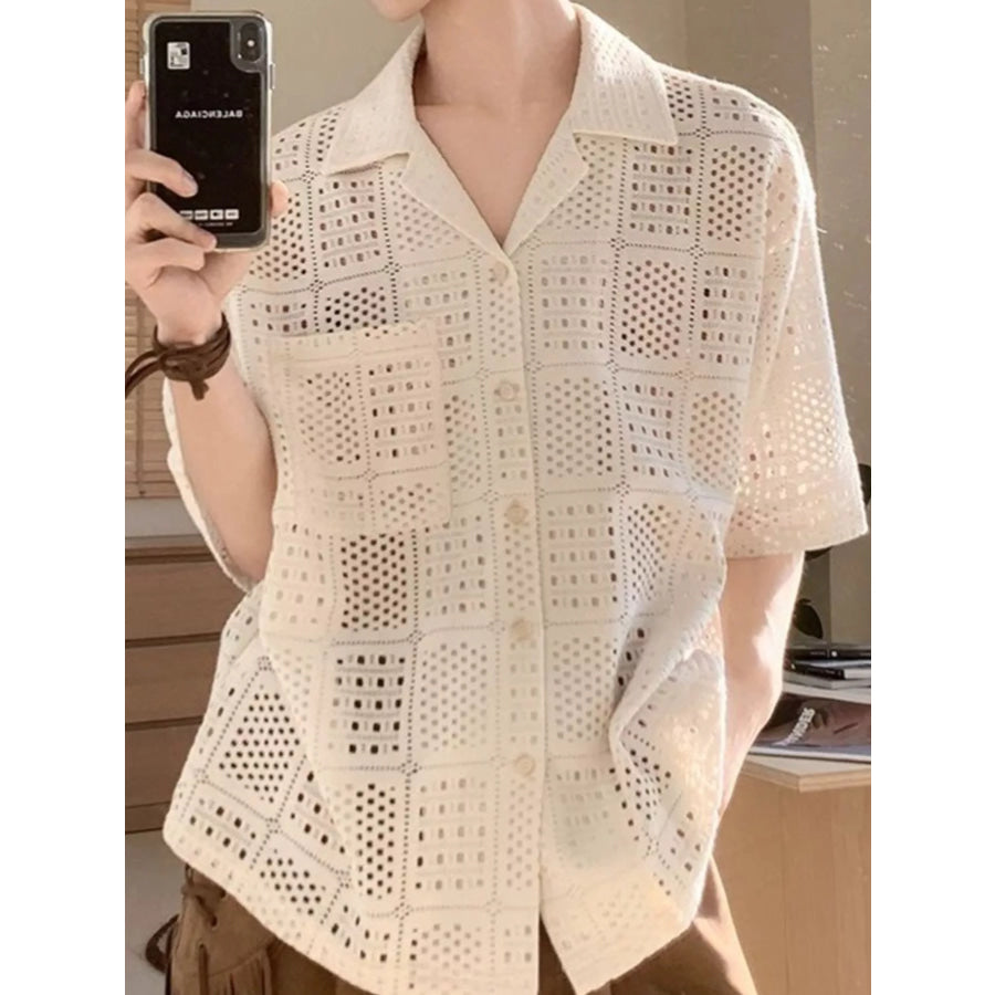 Men’s Plus Size Crocheted Square Pattern Short Sleeve Shirt Ivory / M Apparel and Accessories