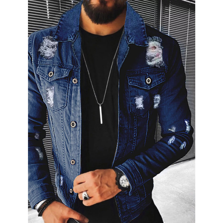 Men’s Plus Size Distressed Button Up Denim Jacket Stripe / M Apparel and Accessories