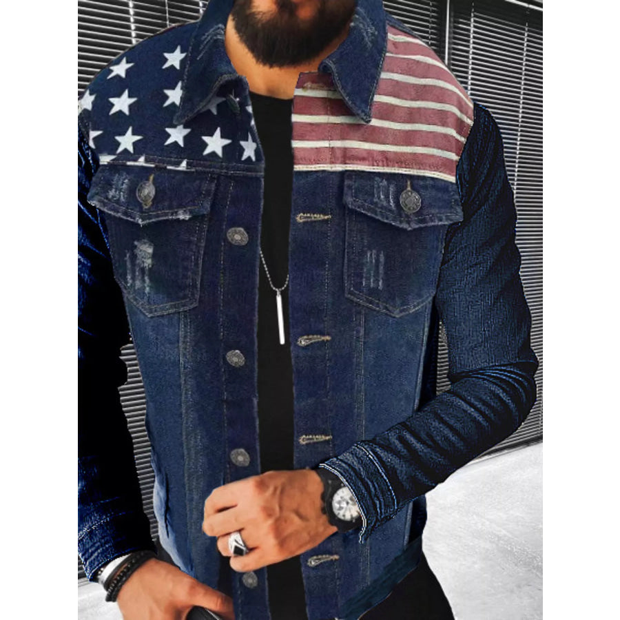 Men’s Plus Size Distressed Button Up Denim Jacket Stripe / M Apparel and Accessories