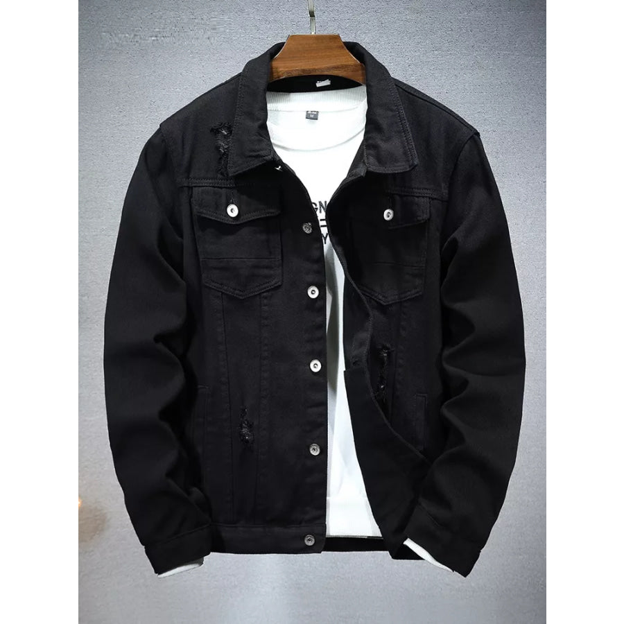 Men’s Plus Size Distressed Slim Fit Denim Jacket Black / M Apparel and Accessories