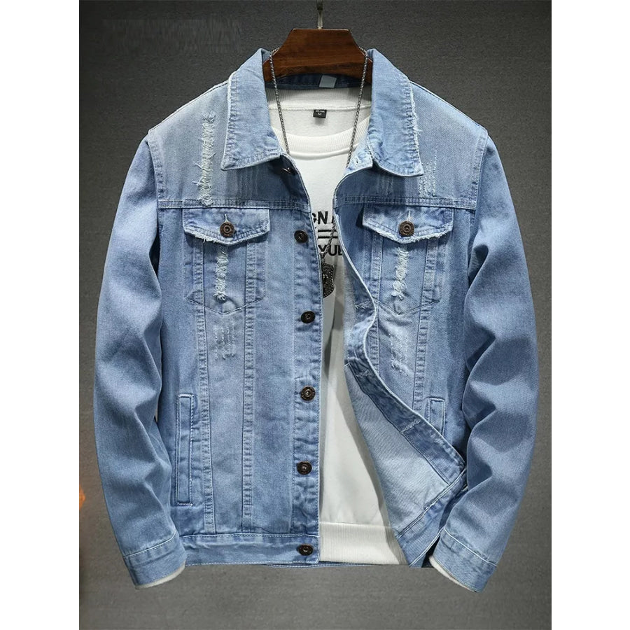 Men’s Plus Size Distressed Slim Fit Denim Jacket Light Blue / M Apparel and Accessories
