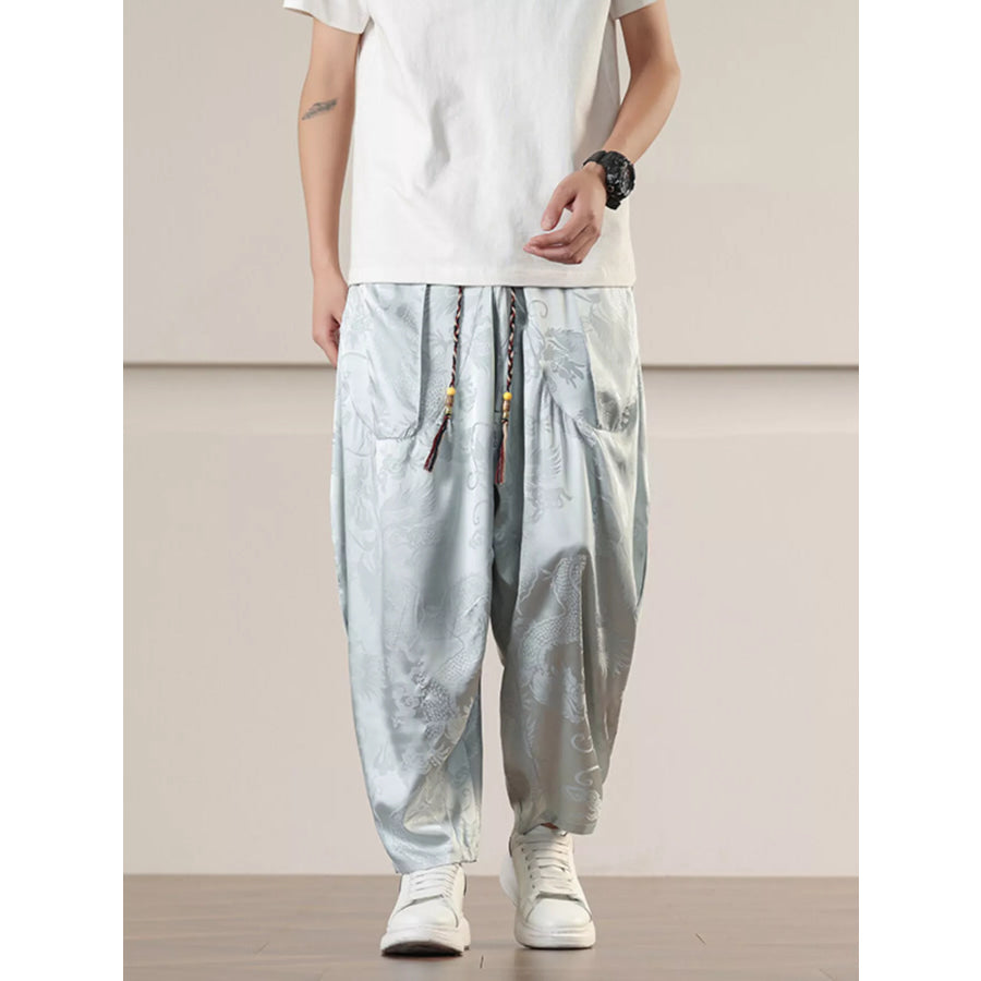 Men’s Plus Size Dragon Pattern Harem Pants Light Gray / M Apparel and Accessories