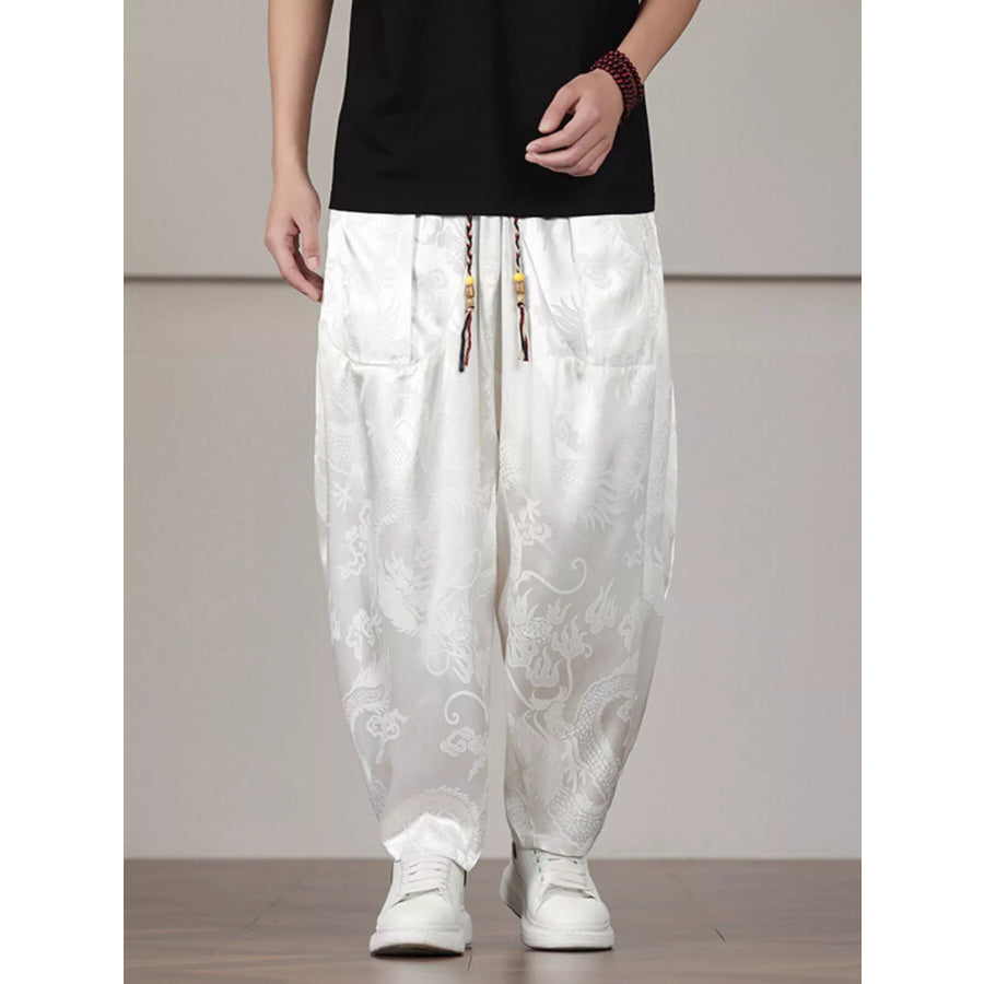 Men’s Plus Size Dragon Pattern Harem Pants White / M Apparel and Accessories