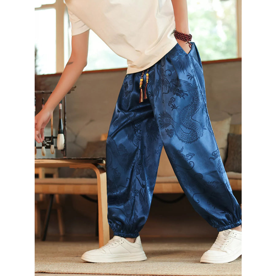 Men’s Plus Size Dragon Pattern Silk Harem Pants Apparel and Accessories