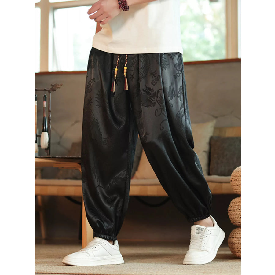 Men’s Plus Size Dragon Pattern Silk Harem Pants Apparel and Accessories