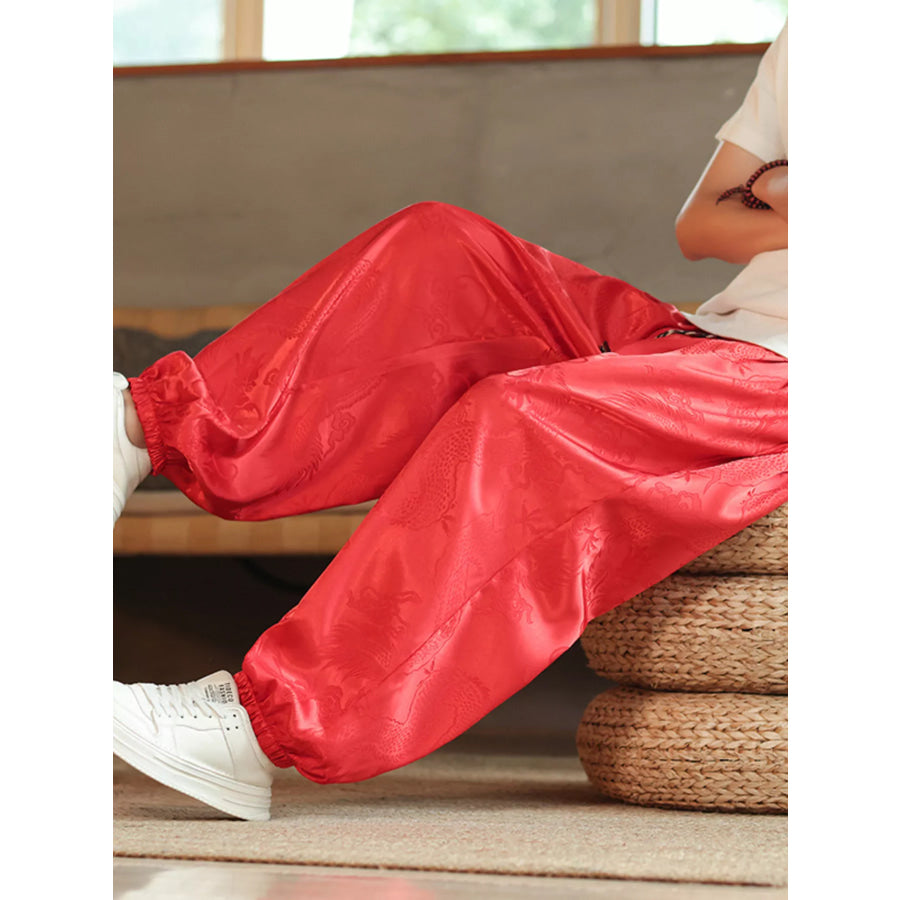Men’s Plus Size Dragon Pattern Silk Harem Pants Apparel and Accessories