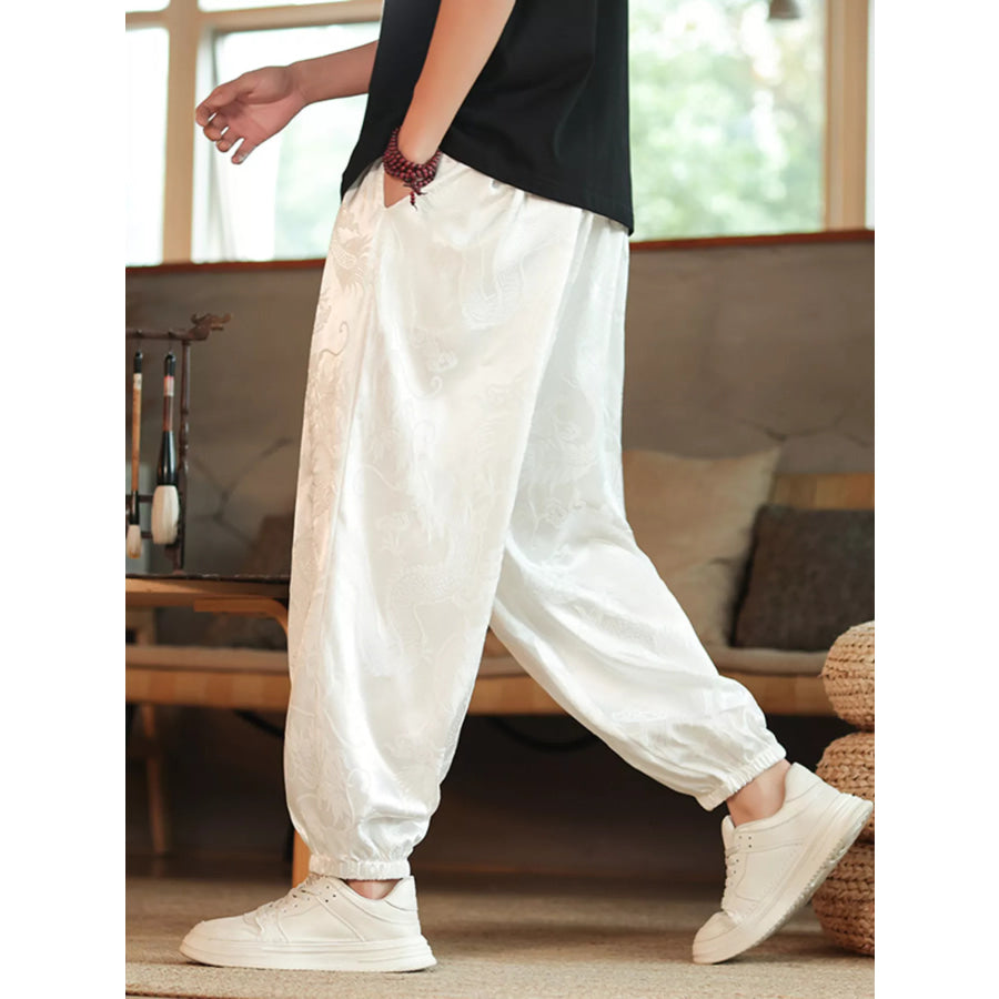 Men’s Plus Size Dragon Pattern Silk Harem Pants White / M Apparel and Accessories