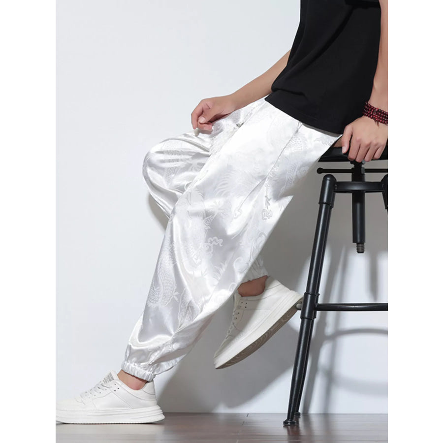 Men’s Plus Size Dragon Pattern Silk Joggers White / M Apparel and Accessories