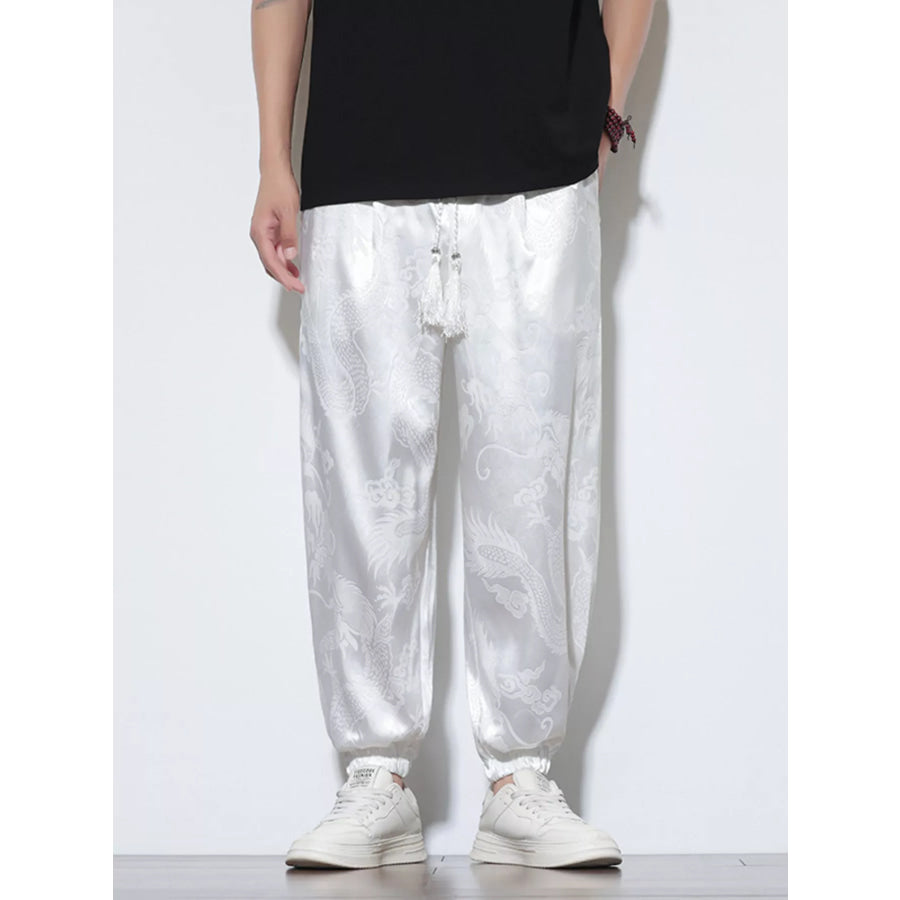 Men’s Plus Size Dragon Pattern Silk Joggers White / M Apparel and Accessories