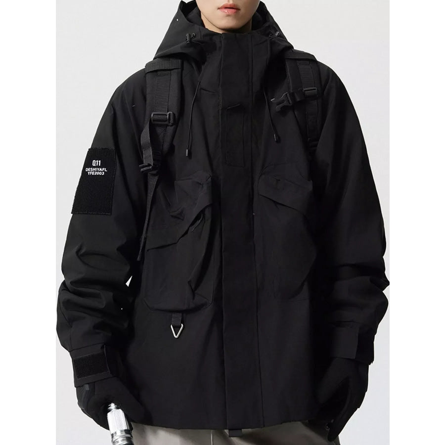 Men’s Plus Size Drawstring Multi-Pocket Hooded Jacket Black-Fleece-lined / M Apparel and Accessories