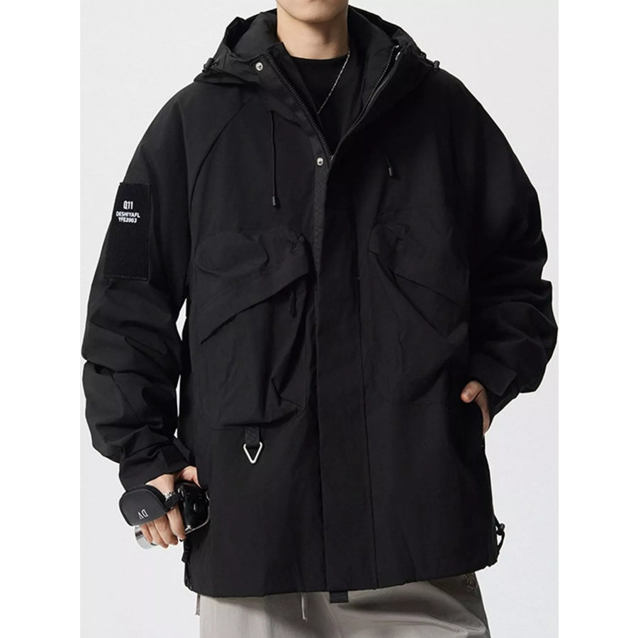 Men’s Plus Size Drawstring Multi-Pocket Hooded Jacket Black-Regular / M Apparel and Accessories