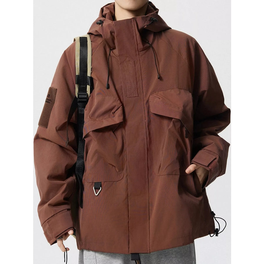 Men’s Plus Size Drawstring Multi-Pocket Hooded Jacket Brown-Fleece-lined / M Apparel and Accessories
