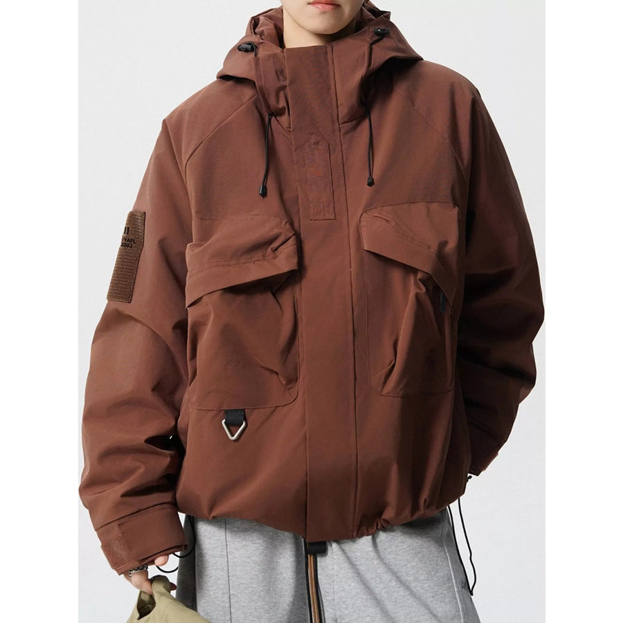 Men’s Plus Size Drawstring Multi-Pocket Hooded Jacket Brown-Regular / M Apparel and Accessories