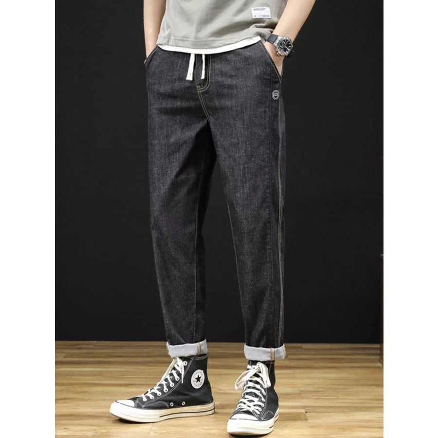 Men’s Plus Size Drawstring Straight Leg Jeans Black / M Apparel and Accessories