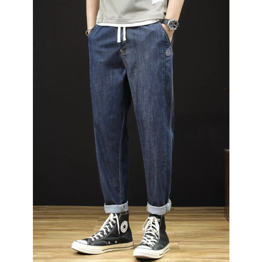 Men’s Plus Size Drawstring Straight Leg Jeans Dark Blue / M Apparel and Accessories