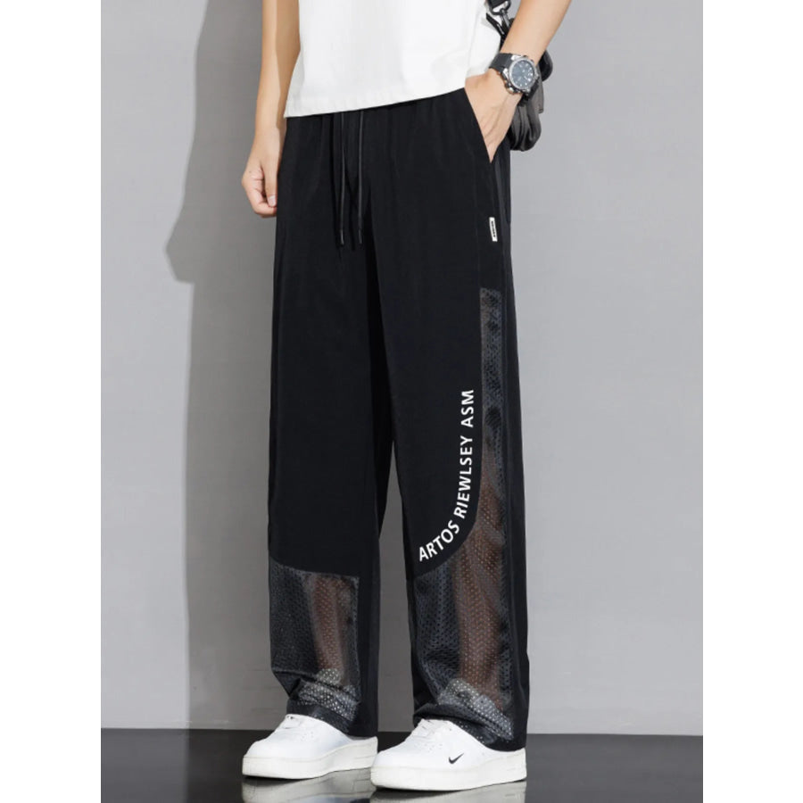Men’s Plus Size Drawstring Wide Leg Mesh Panel Pants Black / M Apparel and Accessories