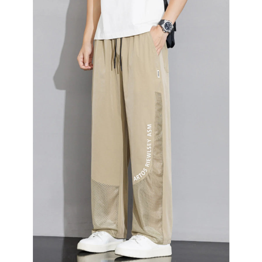 Men’s Plus Size Drawstring Wide Leg Mesh Panel Pants Khaki / M Apparel and Accessories