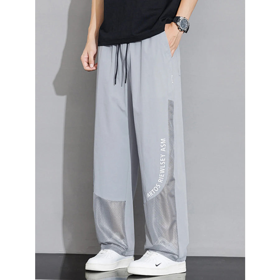 Men’s Plus Size Drawstring Wide Leg Mesh Panel Pants Light Gray / M Apparel and Accessories