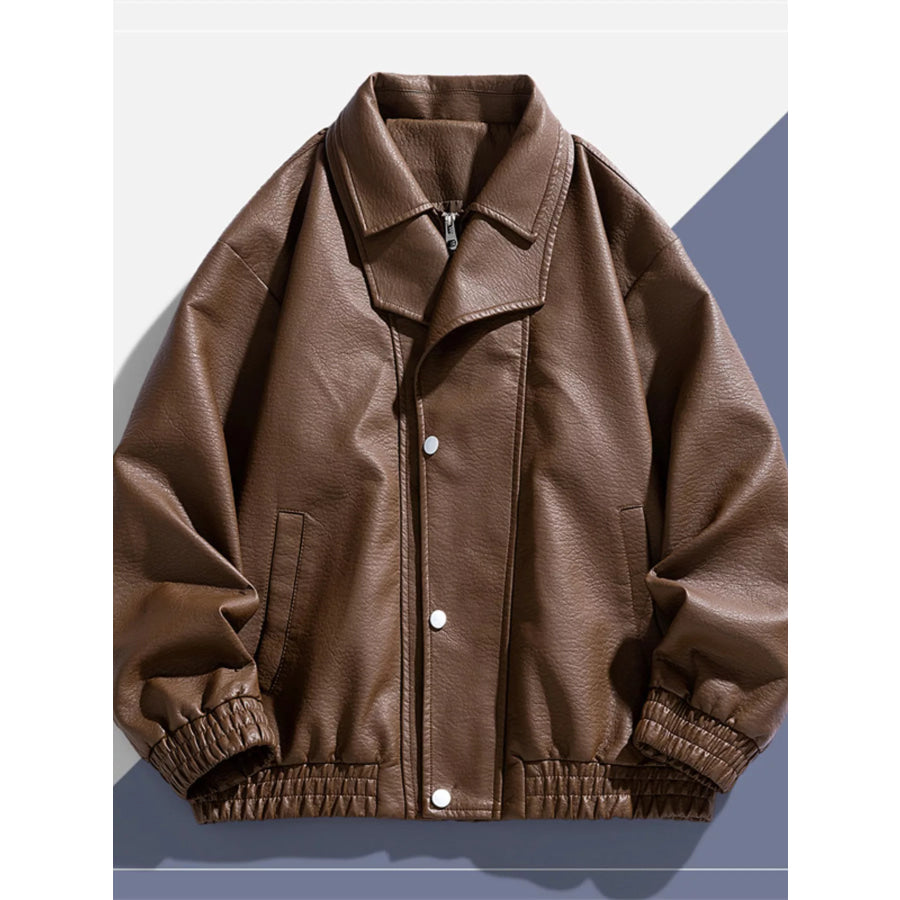 Men’s Plus Size Faux Leather Bomber Jacket Brown / M Apparel and Accessories