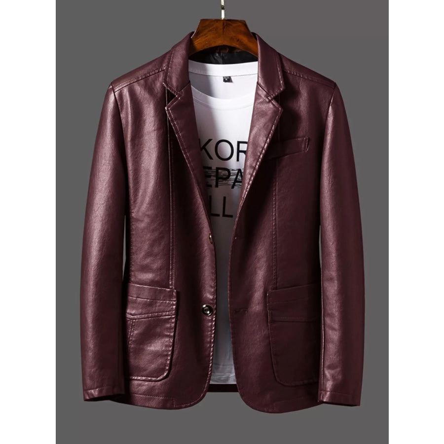 Men’s Plus Size Faux Leather Slim-Fit Blazer Burgundy / M Apparel and Accessories