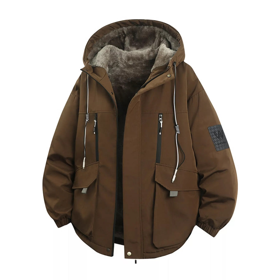 Men’s Plus Size Fleece-Lined Hooded Winter Parka Coat Coffee / M Apparel and Accessories