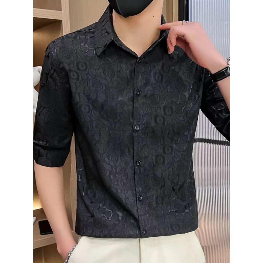 Men’s Plus Size Floral Lace Slim Fit Shirt Black / M Apparel and Accessories