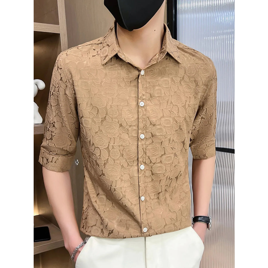 Men’s Plus Size Floral Lace Slim Fit Shirt Camel / M Apparel and Accessories