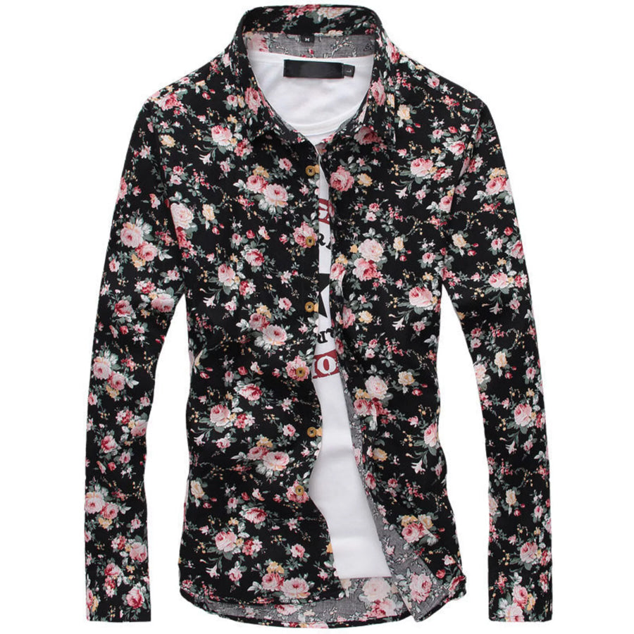 Men’s Plus Size Floral Print Long Sleeve Shirt Black / M Apparel and Accessories