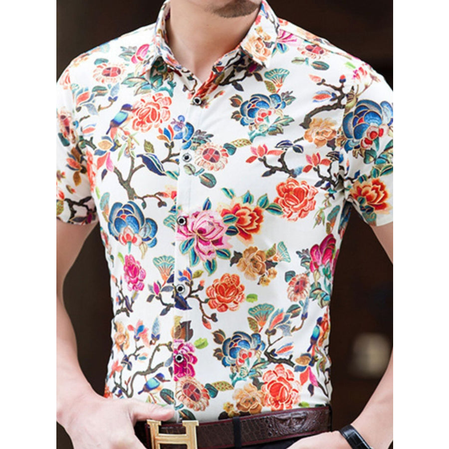 Men’s Plus Size Floral Print Short Sleeve Button-Down Shirt Floral / M Apparel and Accessories