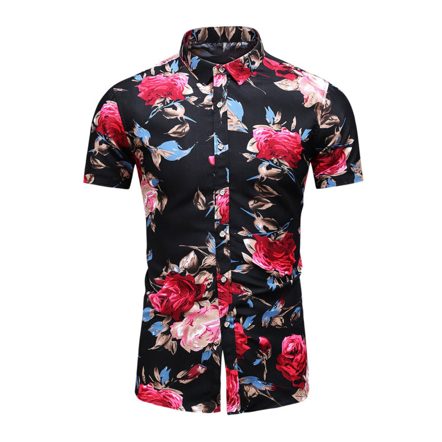 Men’s Plus Size Floral Print Short Sleeve Casual Shirt Black / M Apparel and Accessories