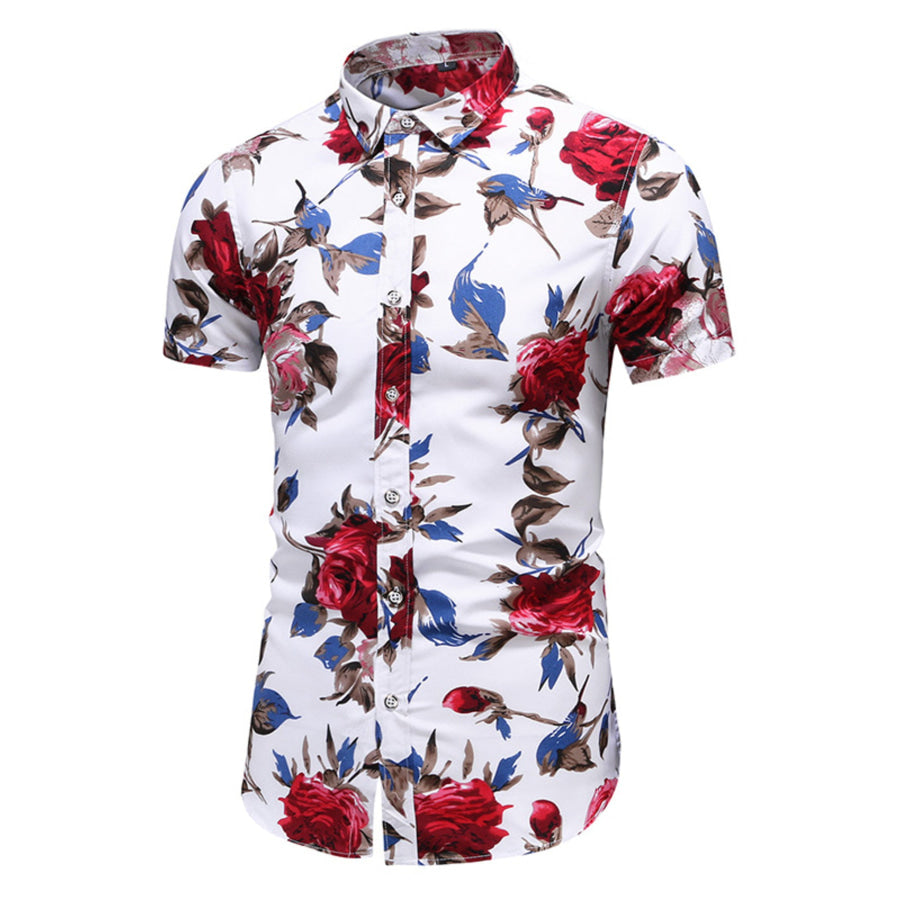 Men’s Plus Size Floral Print Short Sleeve Casual Shirt Deep Red / M Apparel and Accessories