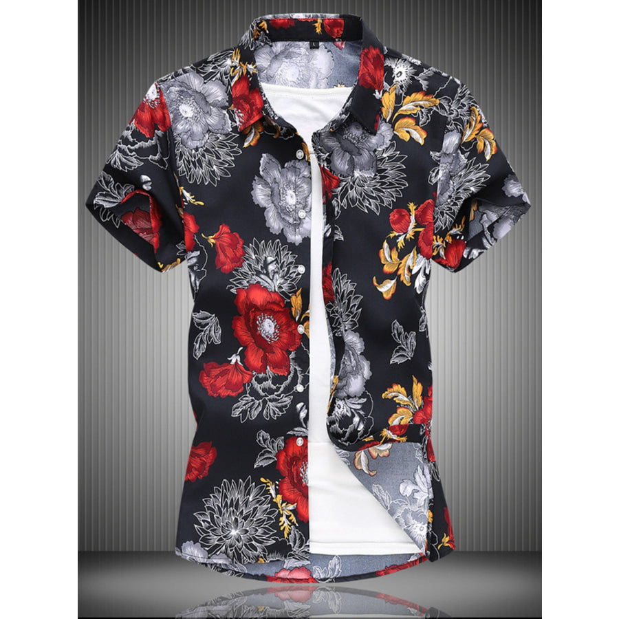 Men’s Plus Size Floral Print Short Sleeve Casual Shirt Red / M Apparel and Accessories