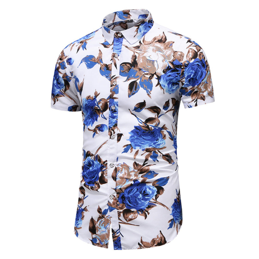 Men’s Plus Size Floral Print Short Sleeve Casual Shirt Royal Blue / M Apparel and Accessories