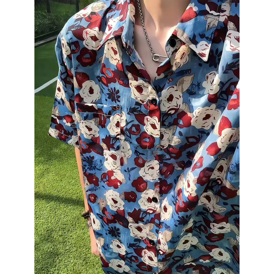 Men’s Plus Size Floral Print Short-Sleeve Shirt Blue / M Apparel and Accessories