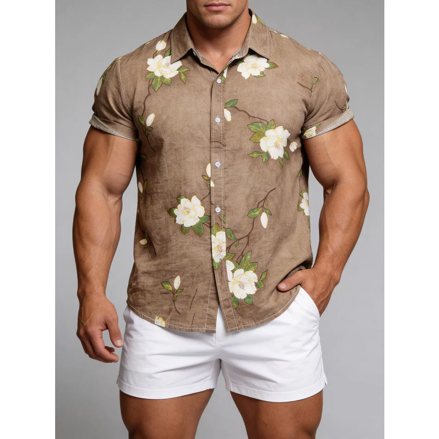 Men’s Plus Size Floral Print Short Sleeve Shirt Camel / M Apparel and Accessories