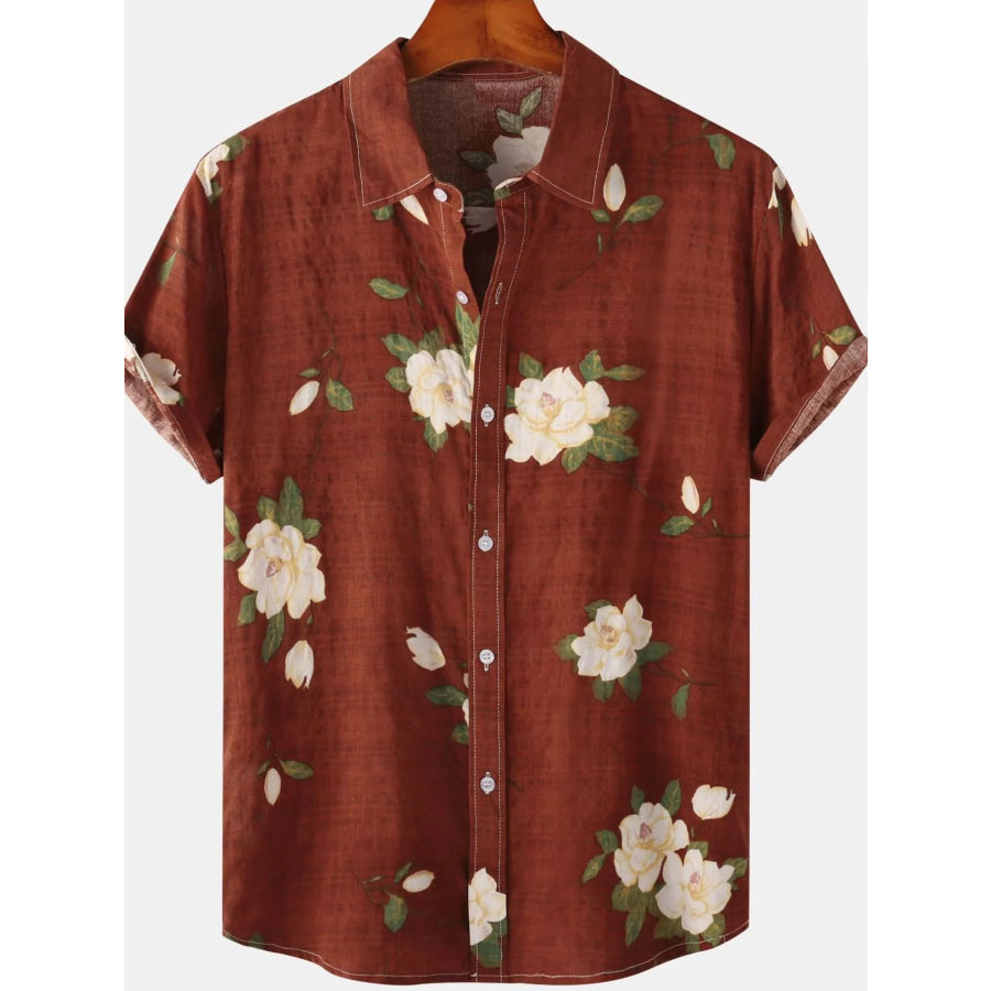Men’s Plus Size Floral Print Short Sleeve Shirt Dark Brown / M Apparel and Accessories