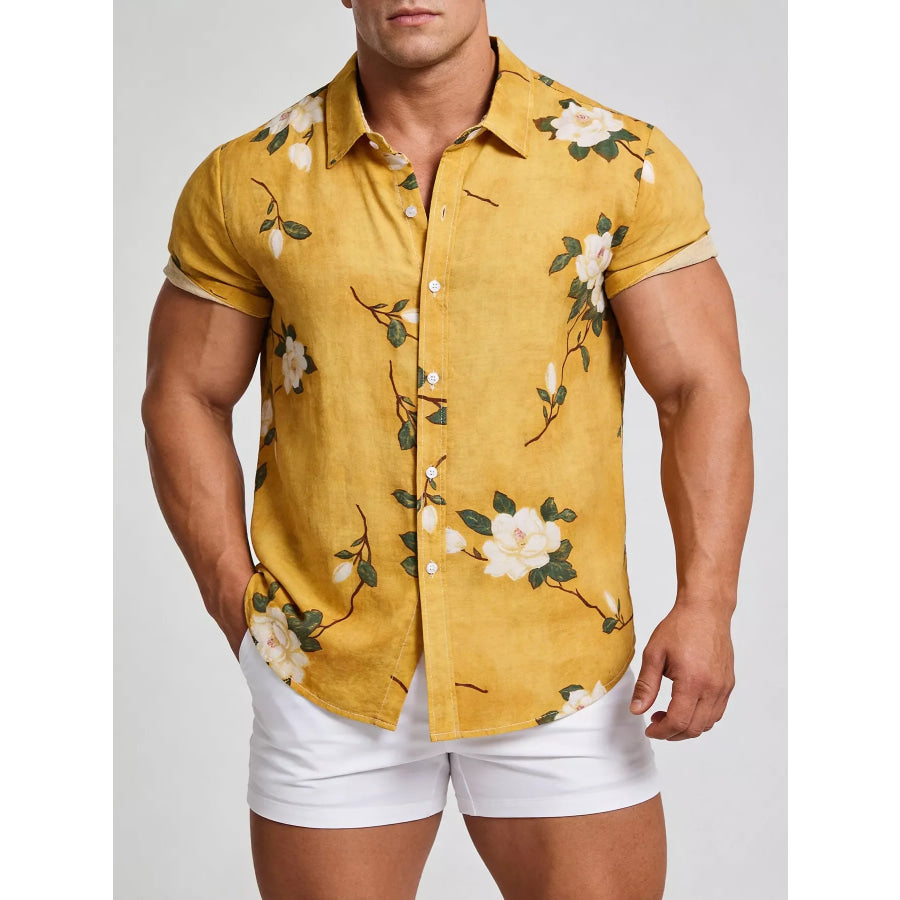 Men’s Plus Size Floral Print Short Sleeve Shirt Gold / M Apparel and Accessories