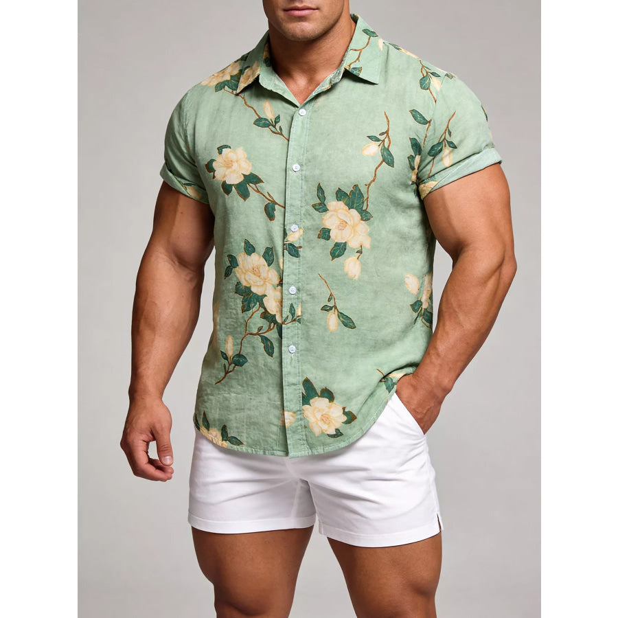 Men’s Plus Size Floral Print Short Sleeve Shirt Gum Leaf / M Apparel and Accessories