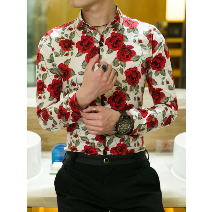 Men’s Plus Size Floral Print Slim Fit Long Sleeve Shirt Apparel and Accessories