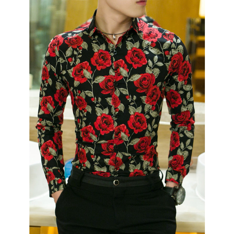 Men’s Plus Size Floral Print Slim Fit Long Sleeve Shirt Apparel and Accessories