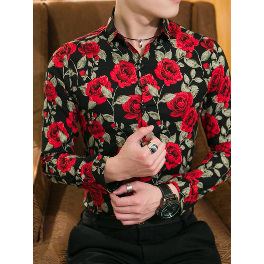 Men’s Plus Size Floral Print Slim Fit Long Sleeve Shirt Black / M Apparel and Accessories