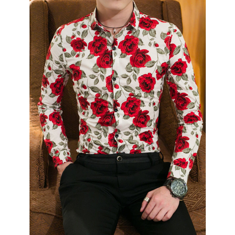 Men’s Plus Size Floral Print Slim Fit Long Sleeve Shirt White / M Apparel and Accessories