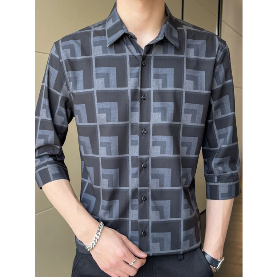Men’s Plus Size Geometric Pattern Button Up Casual Shirt Dusty Blue / M Apparel and Accessories