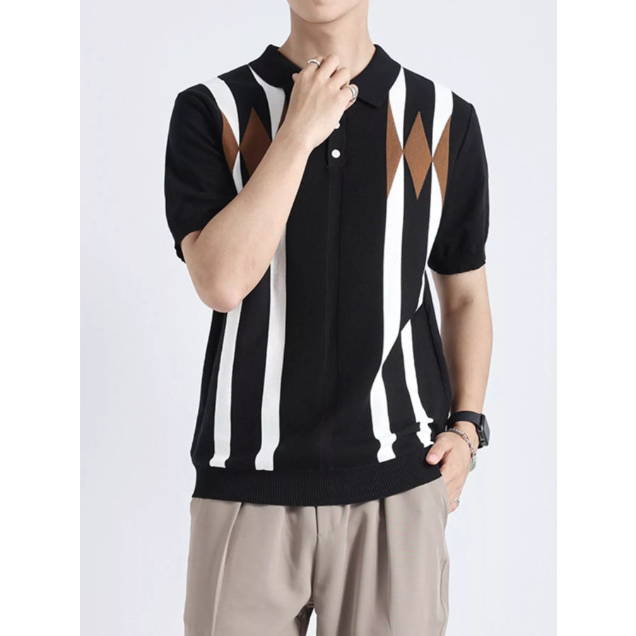 Men’s Plus Size Geometric Pattern Knitted Polo Black / M Apparel and Accessories