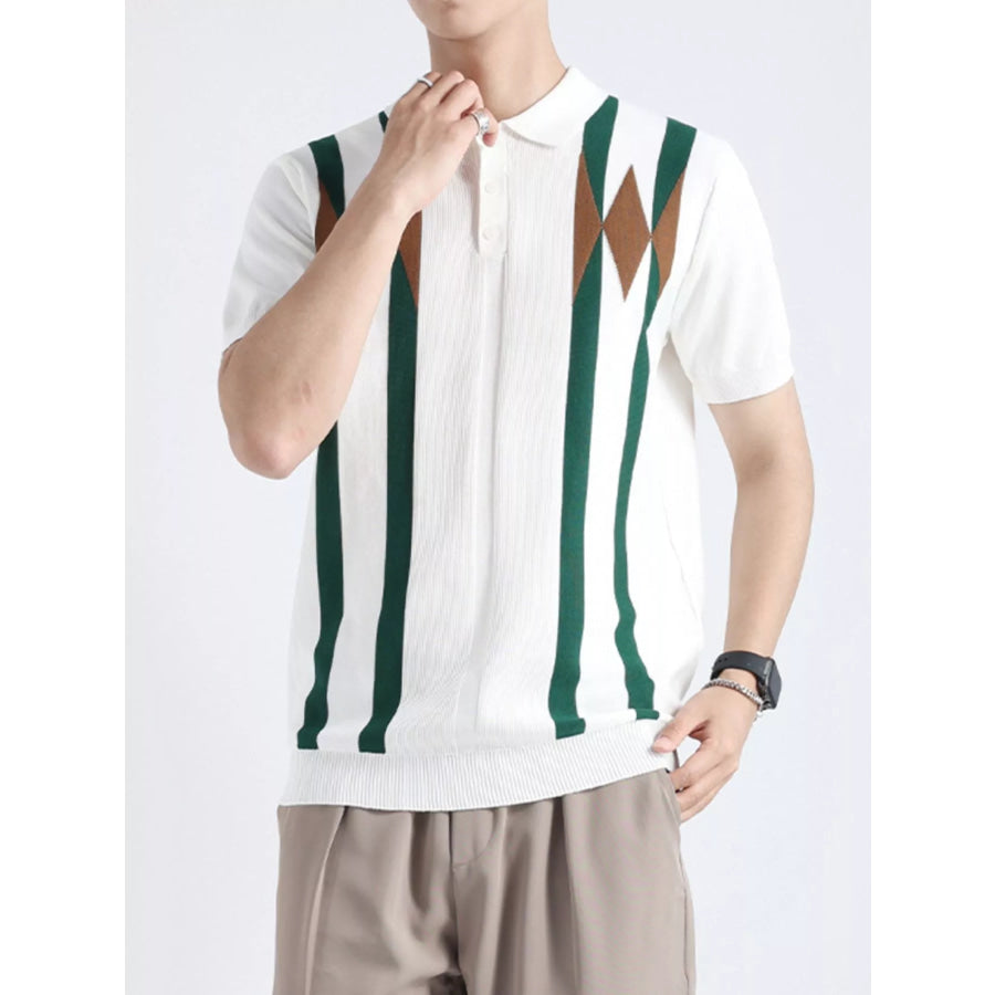 Men’s Plus Size Geometric Pattern Knitted Polo White / M Apparel and Accessories