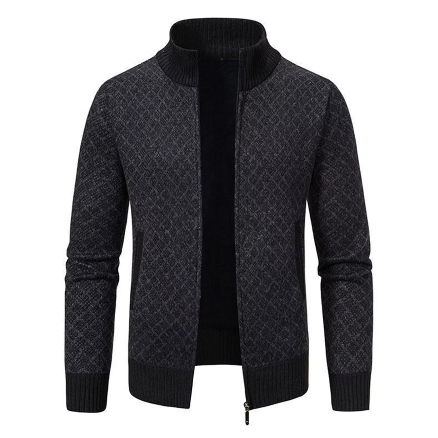 Men’s Plus Size Geometric Patterned Full-Zip Cardigan Black / M Apparel and Accessories